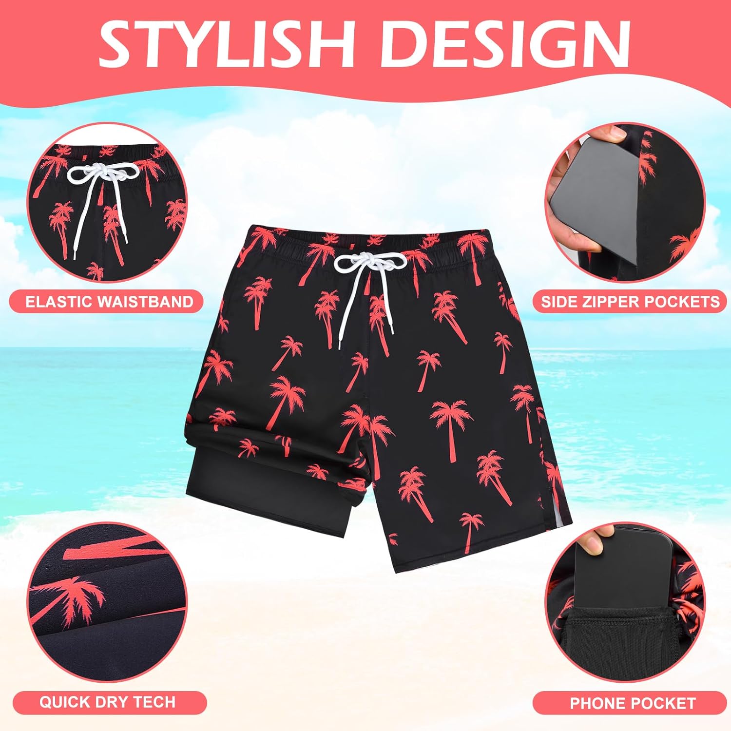 OlyPegic Mens Swim Trunks Bathing Suit Mens Swimwear Shorts Quick Dry with Compression Liner Beach Board with Zipper Pock - Image 4