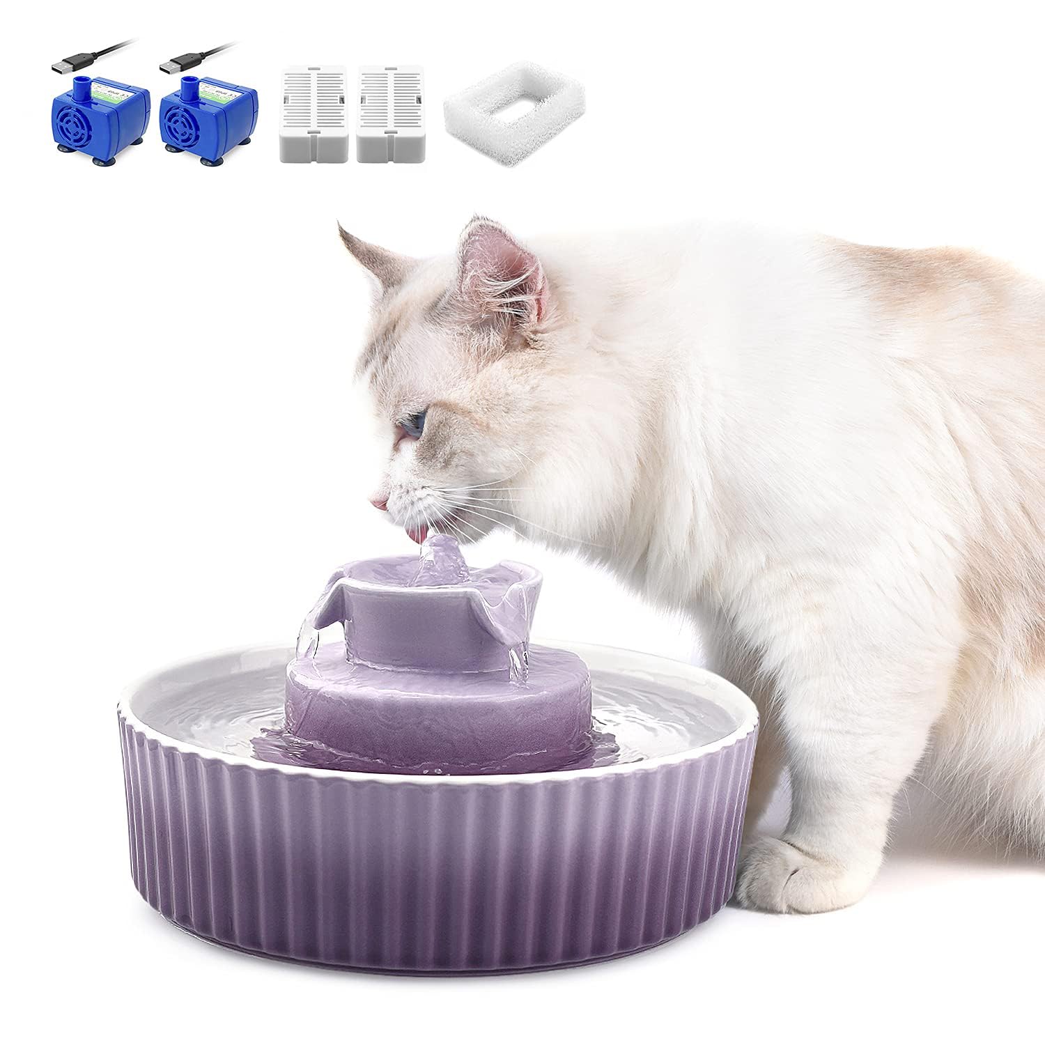 Fuente de cerámica para gatos, 2,1 L, para gatos y perros, fuente de porcelana VinDox para gatos, dispensador de agua con filtro de repuesto y espuma bomba inteligente (morado)