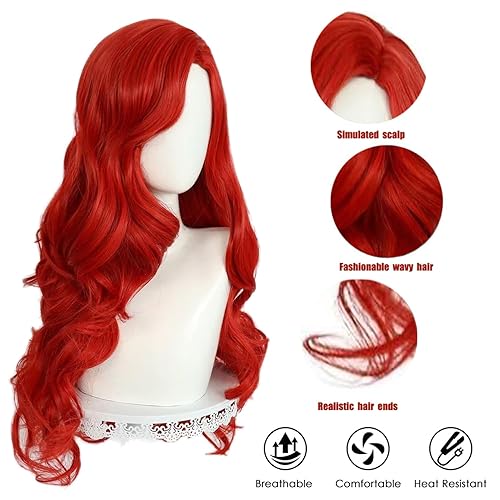 Miniatura 4 de Peluca de sirena larga y rizada roja de 26 pulgadas para mujeres y niñas, peluca ondulada para cosplay, uso diario, pelucas sintéticas para fiestas