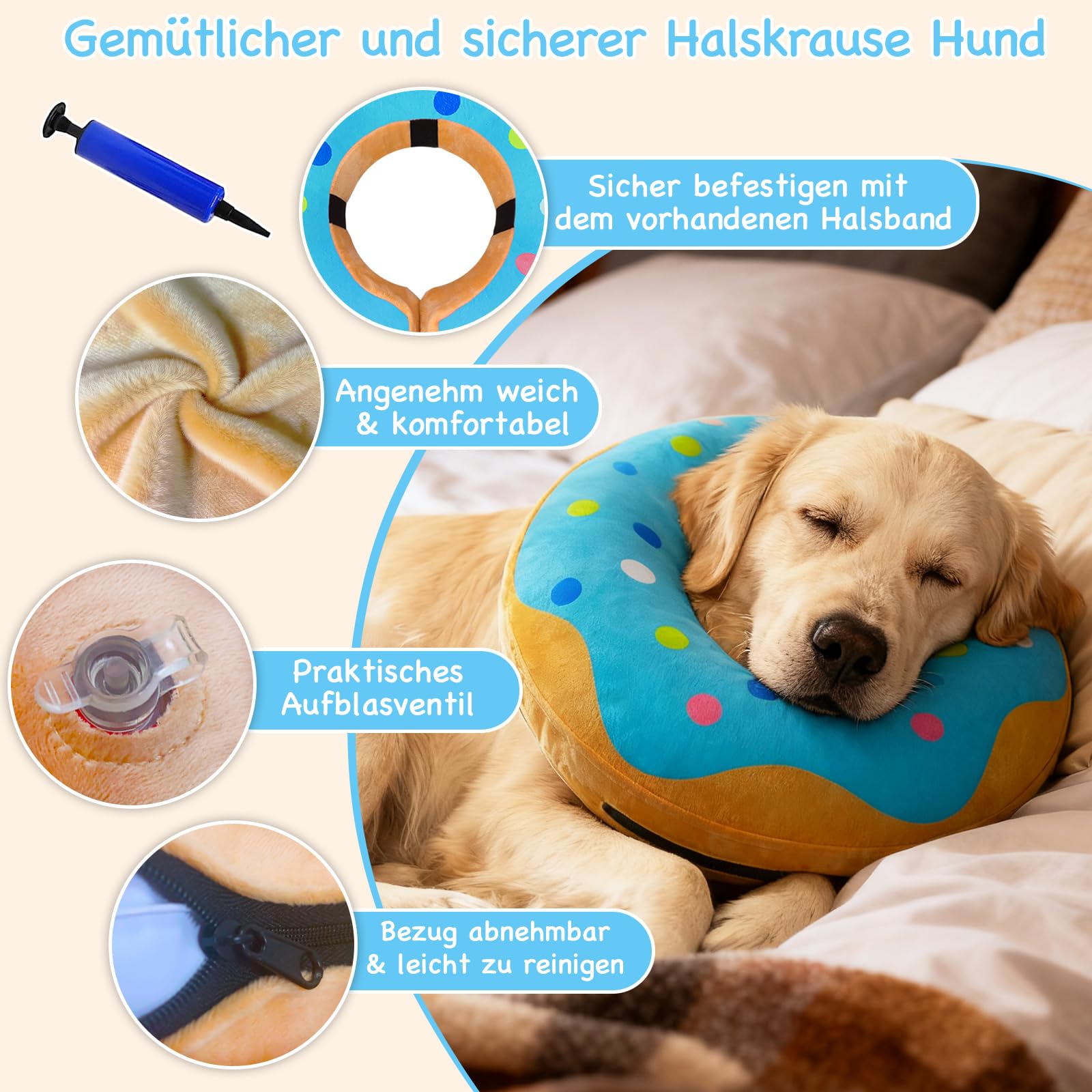 Aufblasbare Halskrause Hund, Einstellbar Hundekragen Leckschutz, Halskrause Hund Weich zur Wundheilung und Erholung nach Operationen, Hundekragen nach op der Die Sicht Nicht Blockiert, Blau,M+