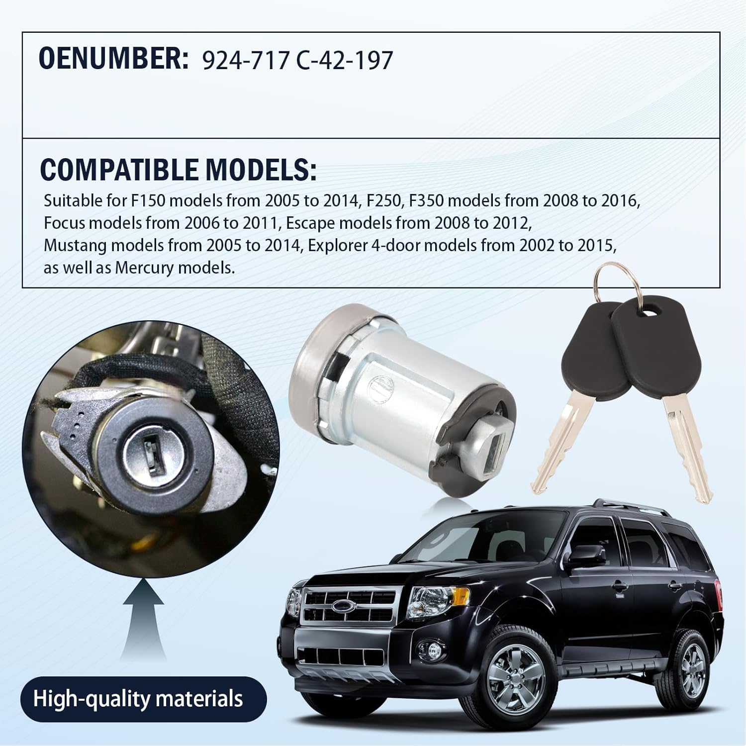Ignition Switch Lock Cylinder W/2 Keys for F150 2005-2014 F250 F350 2008-2016 Focus 2006-2011 Escape 2008-2012 Mustang 2005-2014 OE #C-42-197 707592 924-717 924-710 SW6991