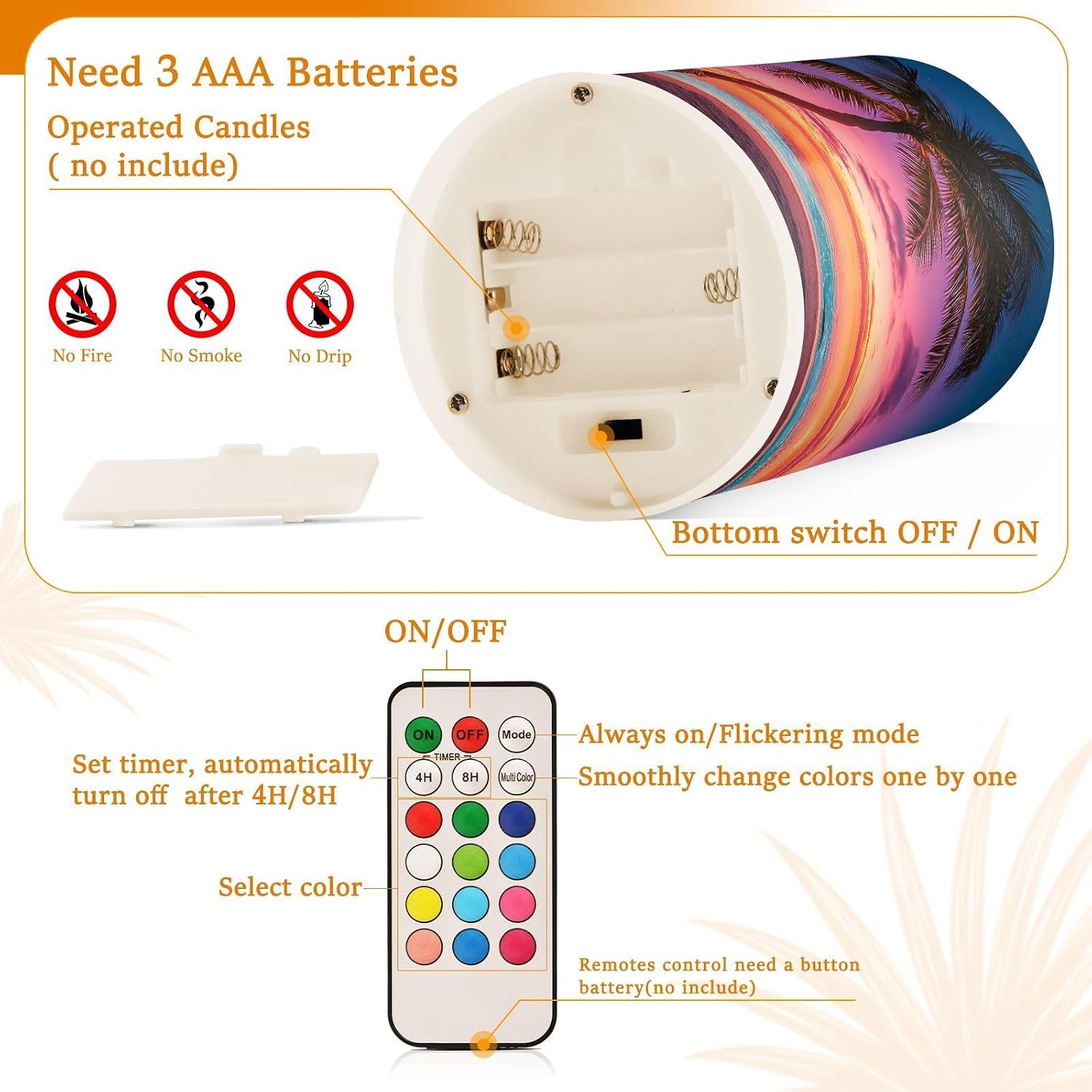 ALAZA Sunset Beach Ocean Palm Tree Flickering Flameless Candles Pillar Led Candles Battery Operated Candles with Remote and Timers Set of 2