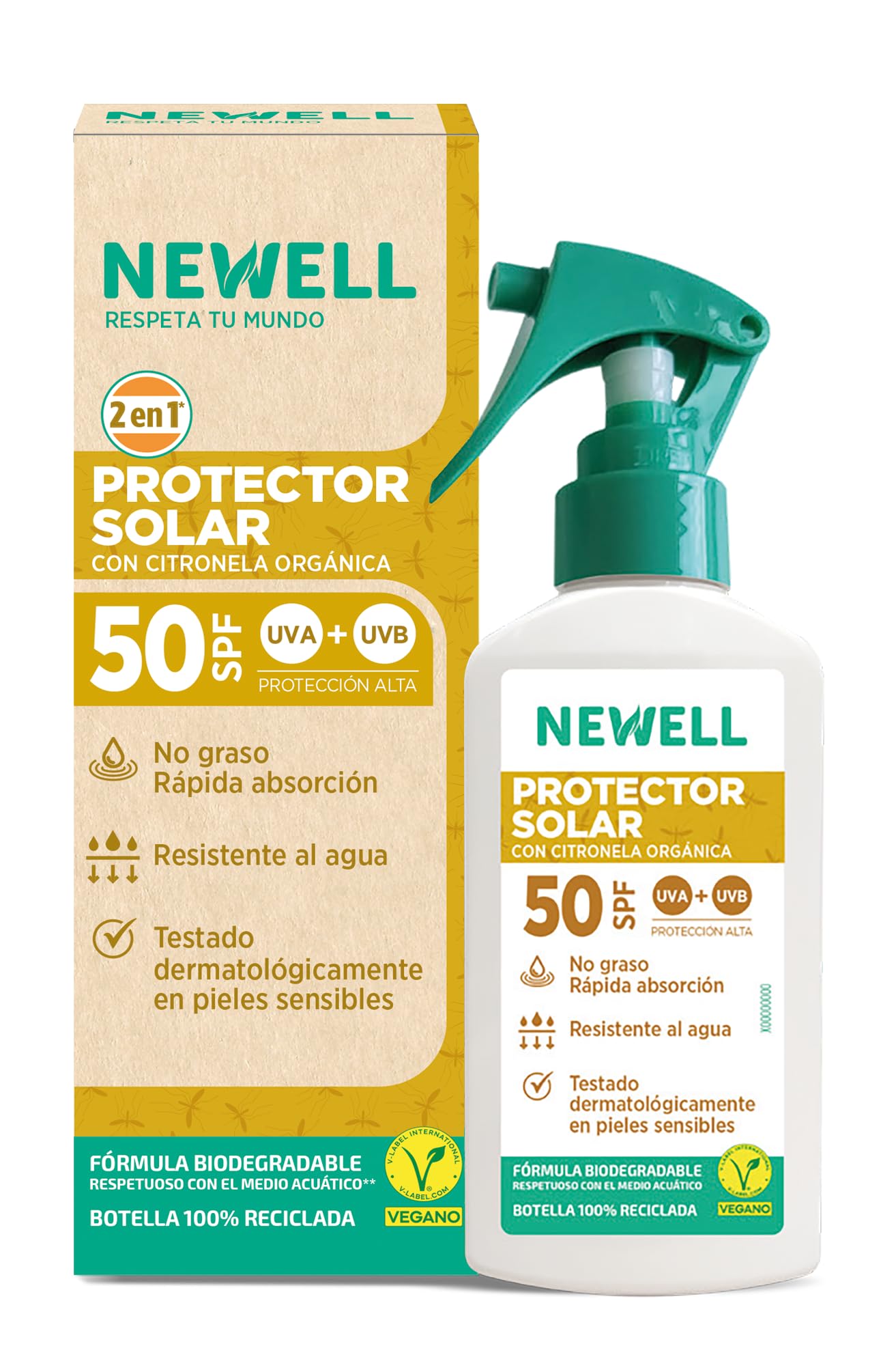 NEWELL | Spray Solar SPF 50 | Repelente Solar Antimosquitos | Para Toda la Familia | Spray Eficaz Contra Mosquitos Tigre 3 horas | Botella 100 ml 100% Reciclada y Reciclable