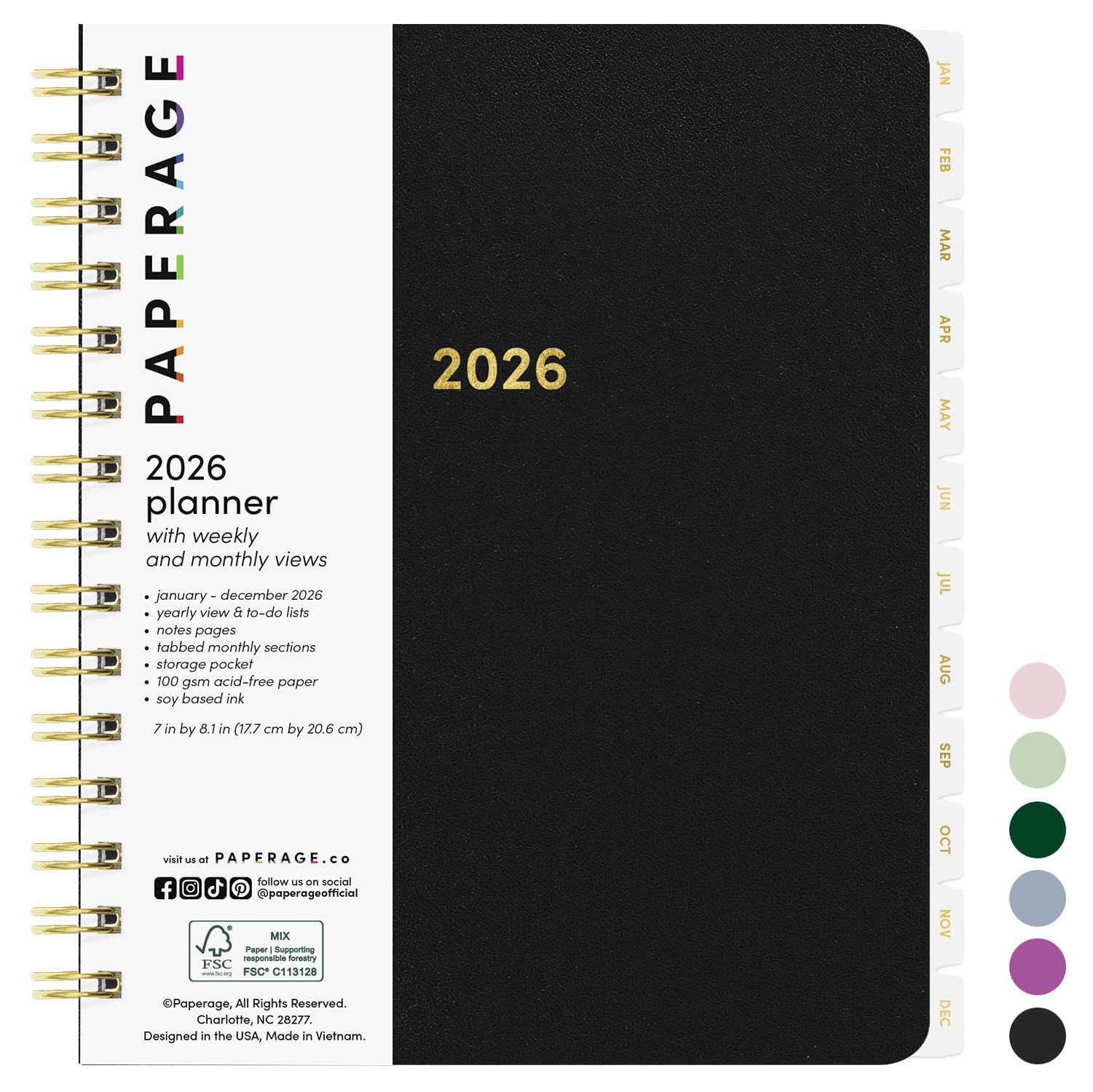 PAPERAGE 2026 Weekly & Monthly Planner, 12 Months (January 2026 - December 2026), 6.6 in x 8.1 in, Spiral Bound 2026 Planner with Weekly, Monthly & Yearly Views, Note Pages & Inner Pocket – Black