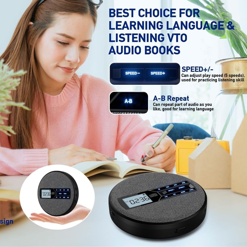 Lettore portatile, doppio altoparlante, riproduzione MP3, uscita USB AUX, ricaricabile, personal compact music disc per walkman (grigio chiaro)