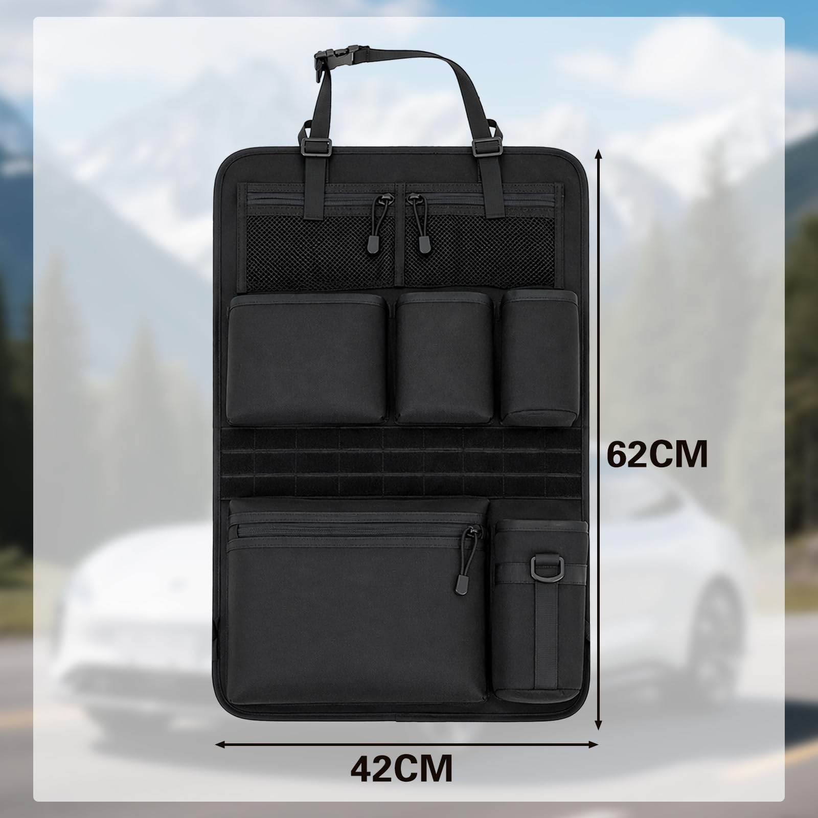 Autositz Organizer 42x62cm, Auto Organizer Rücksitz mit 2 Netztaschen, 3 Taschen, 1 Reißverschlusstasche, 1 Becherhalter Ideal für Camping, Reisen (Schwarz)