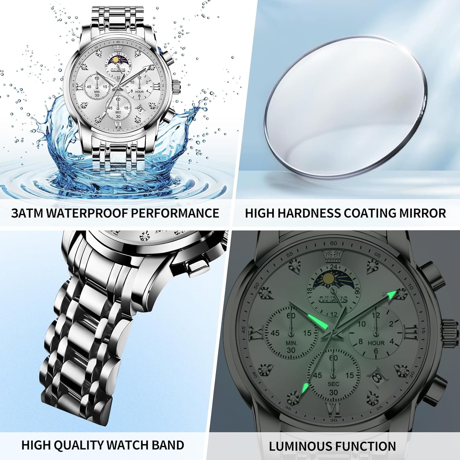 OLEVS Watches for Men Dress Watch Chronograph Luxury Stainless Steel Big Face Men Watches Multi-Function Easy to Read Diamond Roman Numerals Business Wristwatch Reloj para Hombre - Image 5