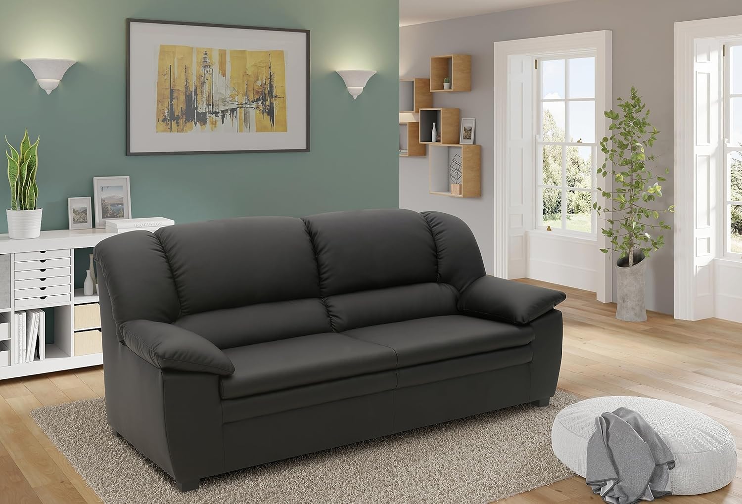 DOMO. collection Sofa Ambato, Leder-Optik, Schwarz | 3 Sitzer mit klassischem Design, elegante Couch in Leder-Optik aus Kunstleder, 219 x 92 x 88 cm (BxTxH)