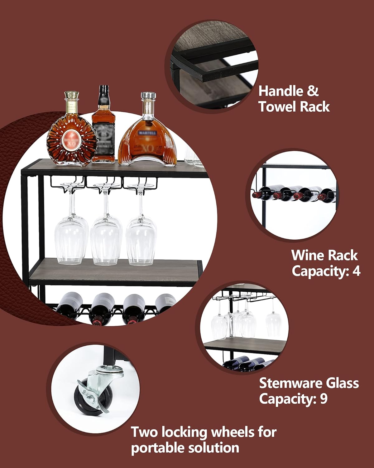 KATDANS Industrial Bar Cart-Home Bar Serving Carts - 4 Tier Storage Kitchen Cabinet - Rolling Serving Trolley with Wine Rack - Metal Frame - Weathered Oak, KS015 - Bar & Serving Carts