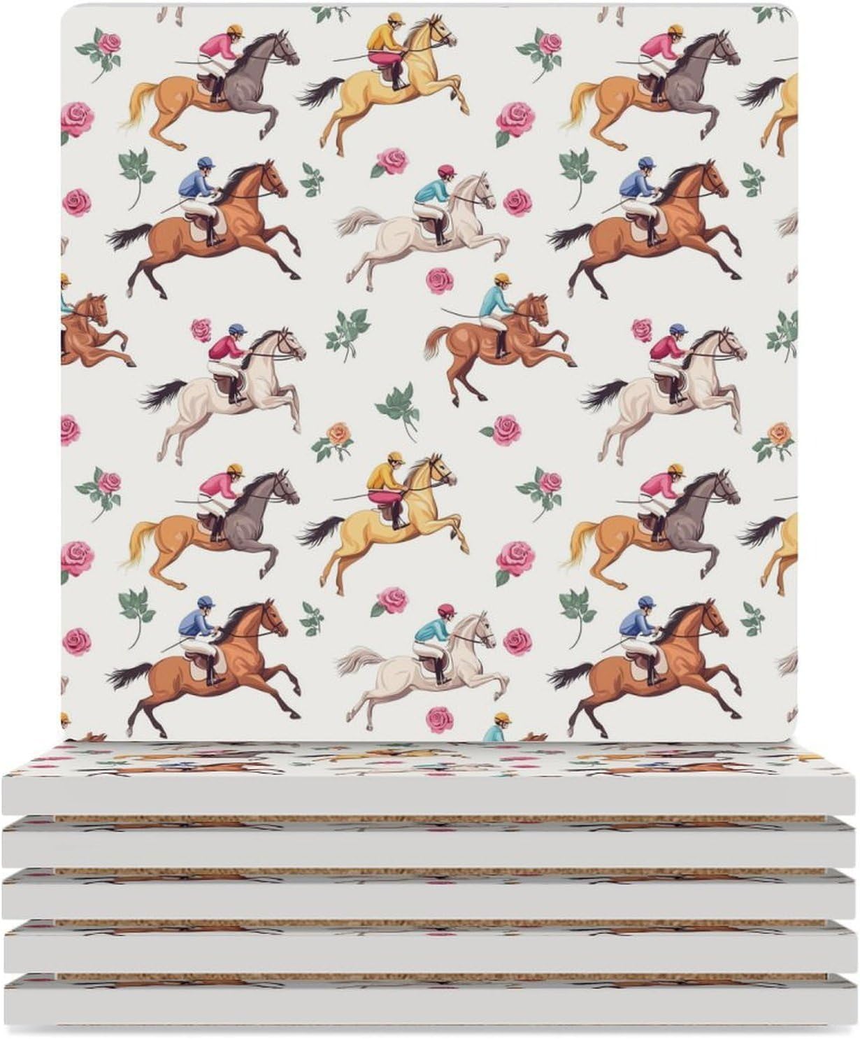 Horse Racing Ceramic Coasters Set Square Drink Coasters Table Coaster for Kitchen Desktop Decor