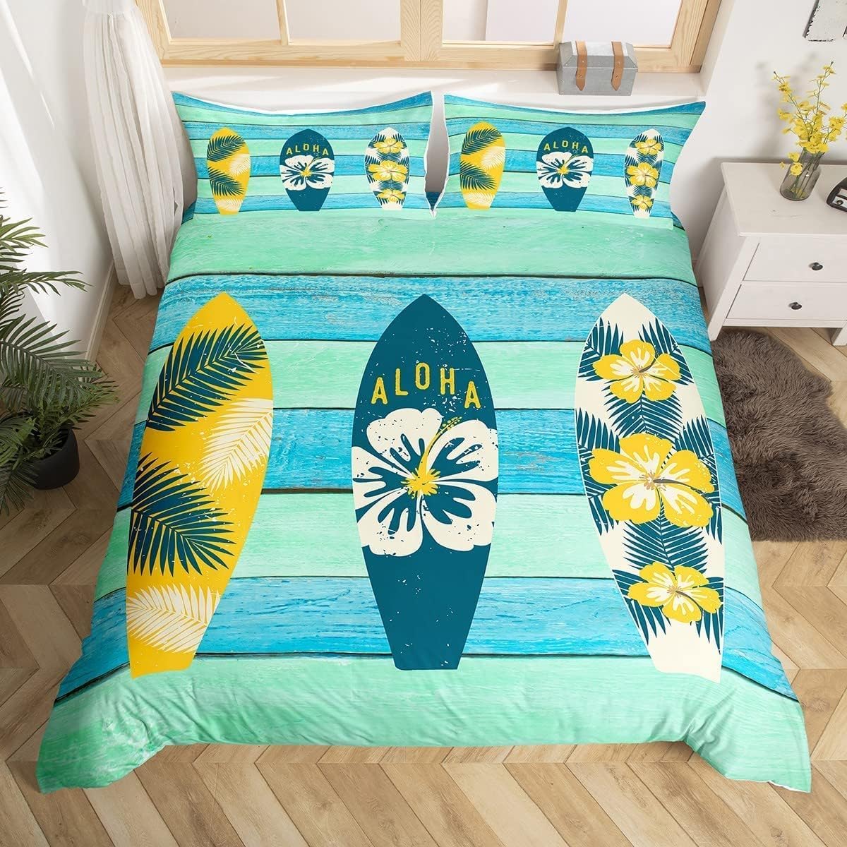 Parure de Lit Surf 220x240 : Housse de Couette Hawaii en Microfibre avec 2 Taies