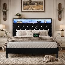 Queen Size Bed Frame with LED Lights and Headboard, Velvet Upholstered Bed Frames Queen with Charging Station and Storage, Modern Diamond and Rivet Design, No Box Spring Needed, Easy Assembly, Black