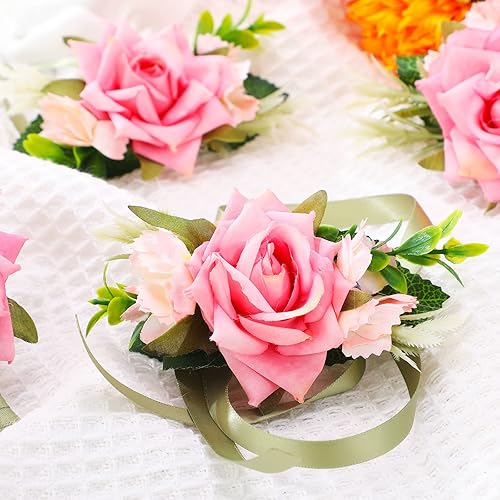 Miniatura 6 de 12 ramilletes rosados y ramilletes con alfileres de graduación ramilletes de muñeca de flores ramillete rosa para hombres y mujeres novios novios