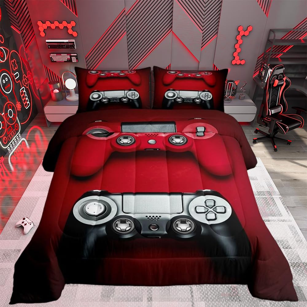 Gaming Bedding Set Red Video Game Controller Duvet Teens Boys 3 Piece Gamer Duvet Duvet Set 1 Duvet Insert + 2 Pillowcases (King, Black) — image 1