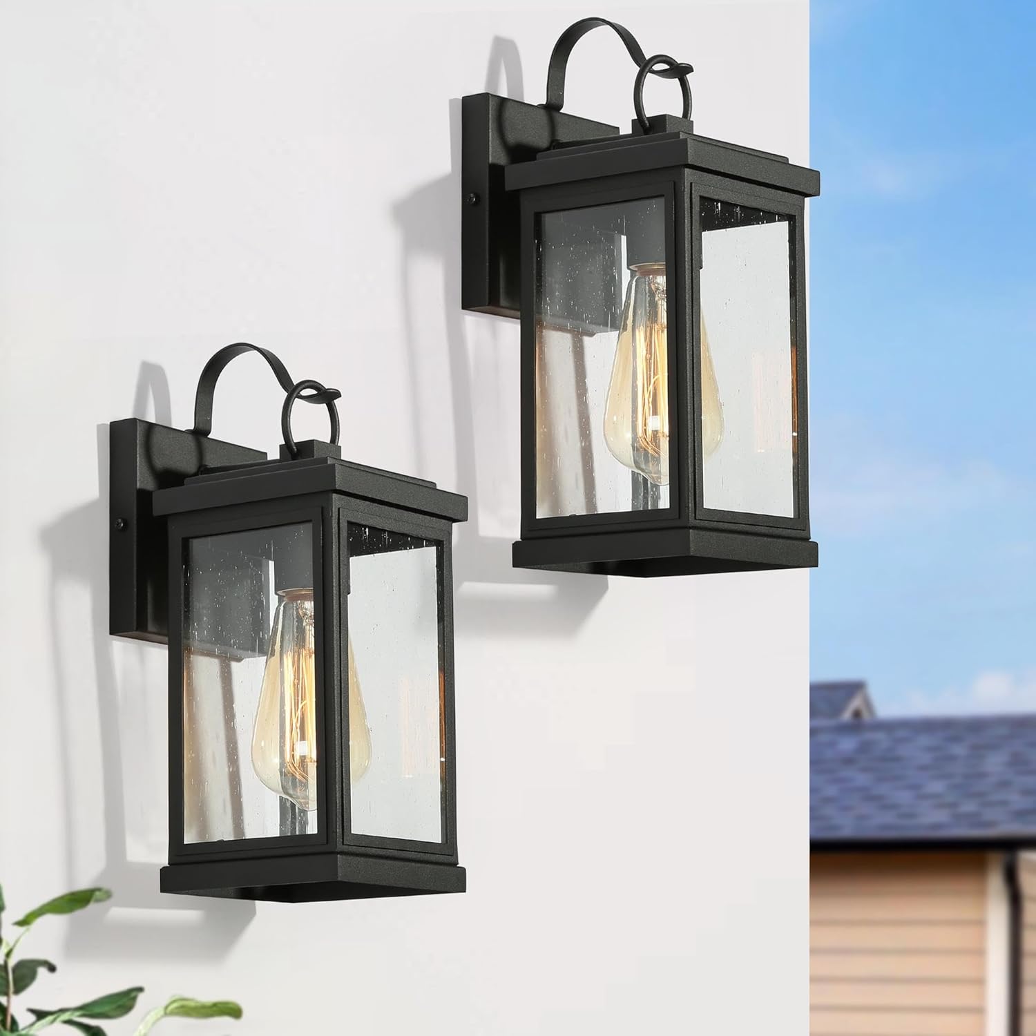 Black Outdoor Light Fixture 2 Pack, Modern Farmhouse Exterior Outdoor Wall Sconce Lights with Seeded Glass, Waterproof Rectangular Porch Lights Outdoor Wall Lighting for House, Front Door, Garage