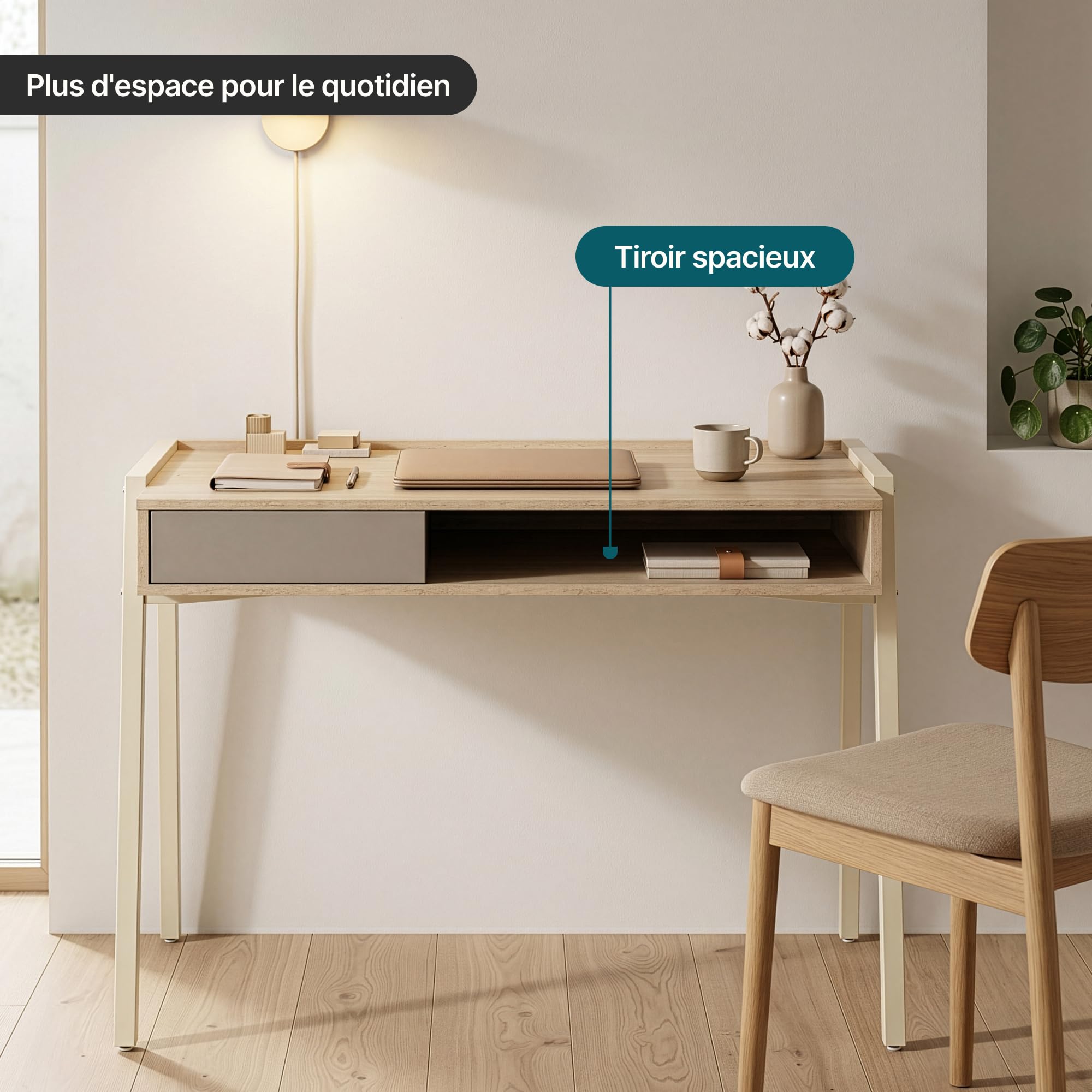 [en.casa] Bureau Boderas 107 x 55 x 78 cm Beige Effet Travertin | compartiment ouvert, tiroir, rebords surélevés, structure robuste, pieds réglables, compact, télétravail, home office
