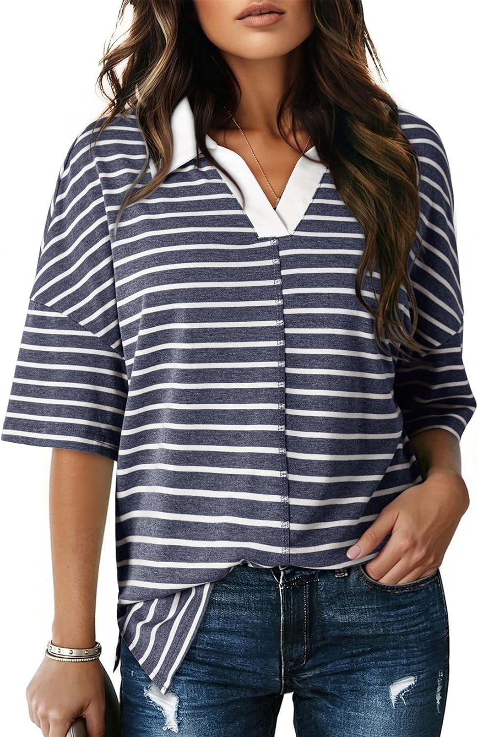 Dokotoo Tops for Women Striped 2025 Fashion Oversized T Shirts for Women Color Block Polo Shirts Basic Tee
