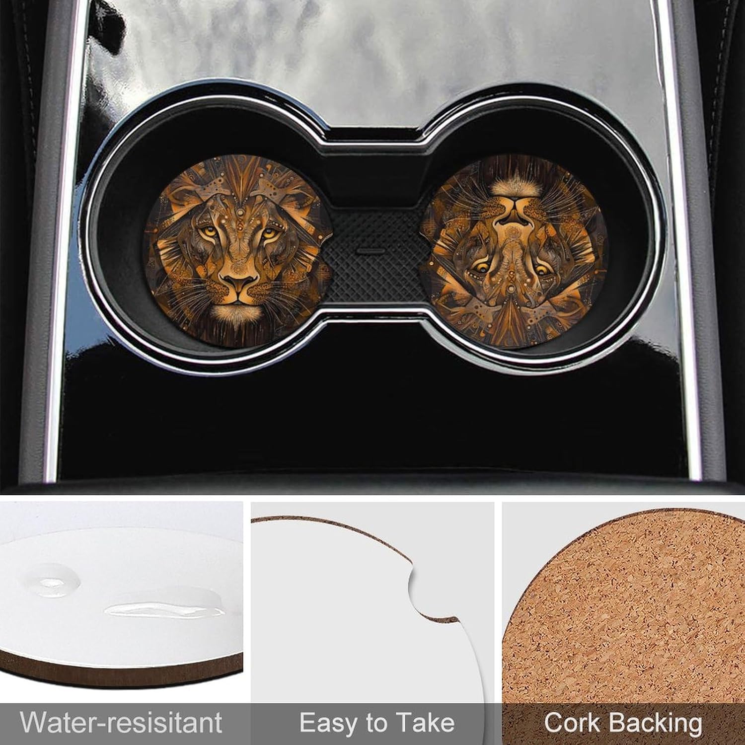 African Totem Lion Cute Car Coasters 2.56 Inch Absorbent Cup Holder for Drinks Auto Interior Accessories