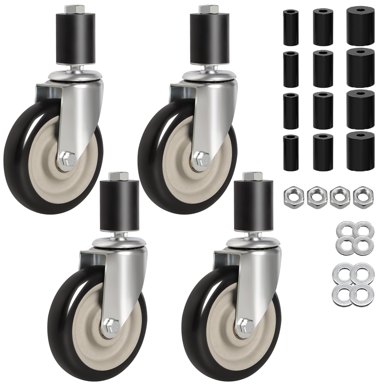 Juego de 4 ruedas giratorias de 5 pulgadas, ruedas de vástago expandible ajustables para patas de tubo de 7/8 pulgadas, 1-1/4 pulgadas, 1-1/2 pulgadas y 1-5/8 pulgadas para mesa de acero inoxidable