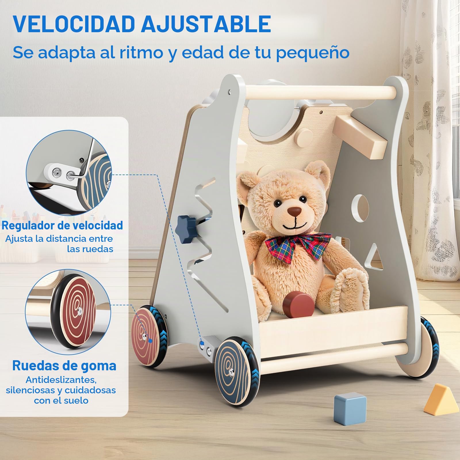 Andador Montessori 2 en 1 de Madera, Andador para bebés con Velocidad Regulable