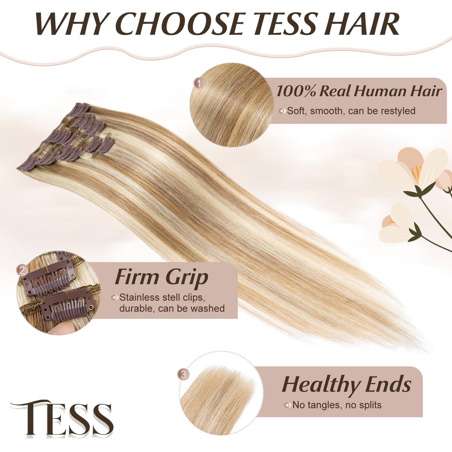 TESS Clip in Hair Extensions Real Human Hair Highlighted Remy Seamless 8 Pieces Straight Long for Women/Girls (#12P613 Golden Brown & Bleach Blonde - Image 3