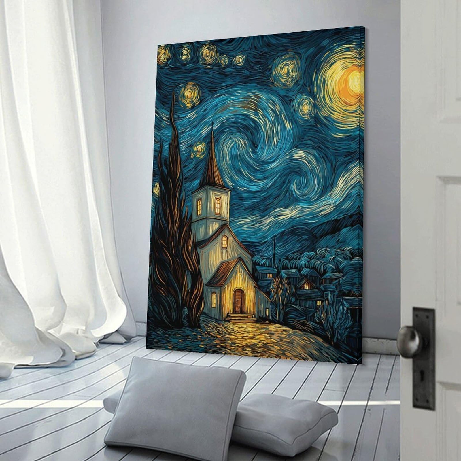 Junmoney Frame-Style-21 Starry Night Church Decorative Wall Artwork 20X30inch(50X75cm), For Corridors, Hallways Or Apartment Entries, Home Artwork For First Impressions