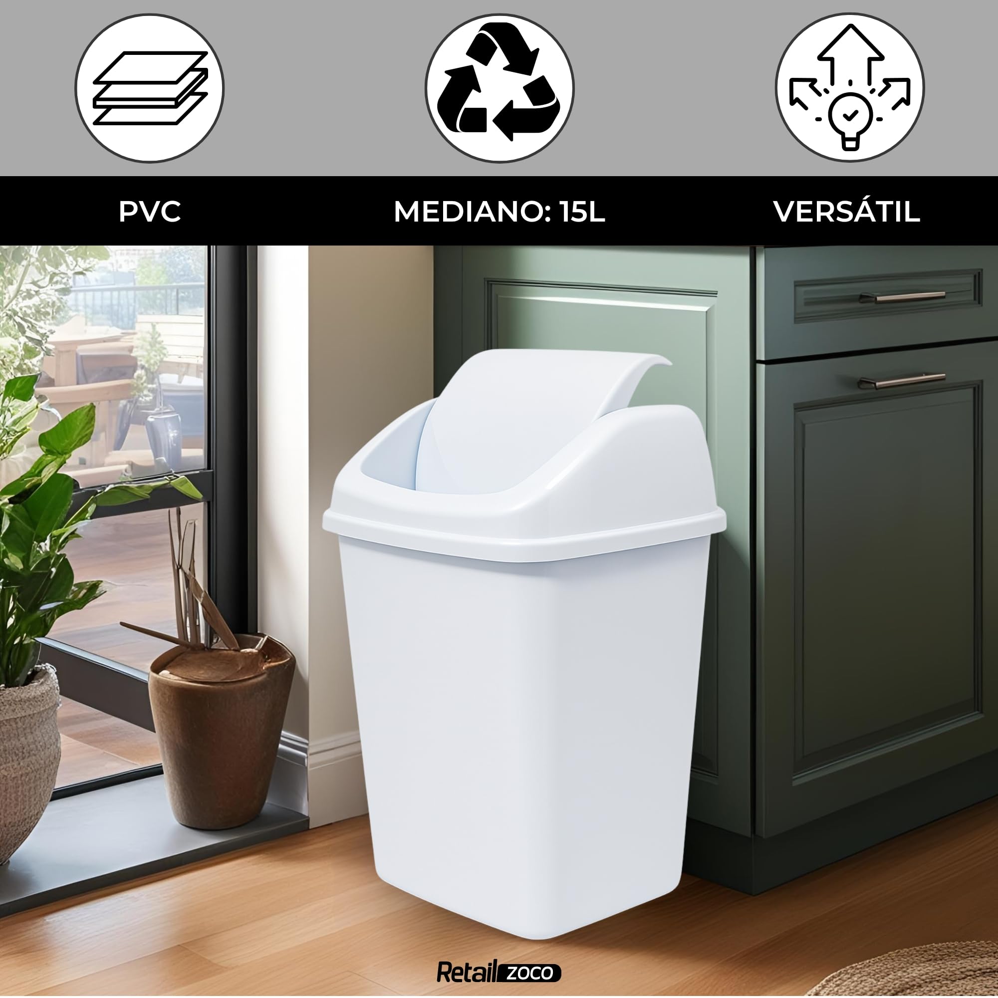 TECHZOCO Cubo basura apertura basculante 47 cm 15 Litros PP5 Plástico Libre BPA