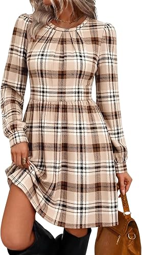 WIHOLL Womens Fall Dresses Long Sleeve Pleated Bust A-Line Pocket Dress