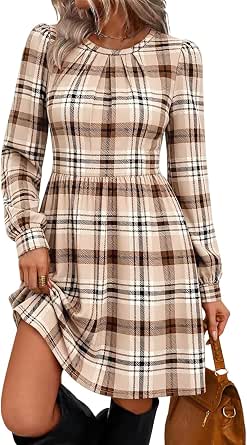 WIHOLL Women's Long Sleeve Pleated A-Line Dress with Pockets