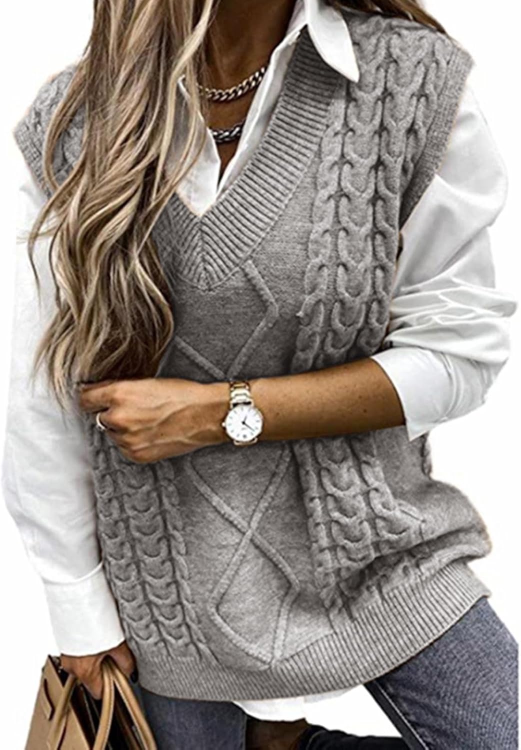 Hyipels Women's Sweater Vest,Long Cable Loose Knitted Sleeveless V Neck Casual Sweaters Tank Top S~XL
