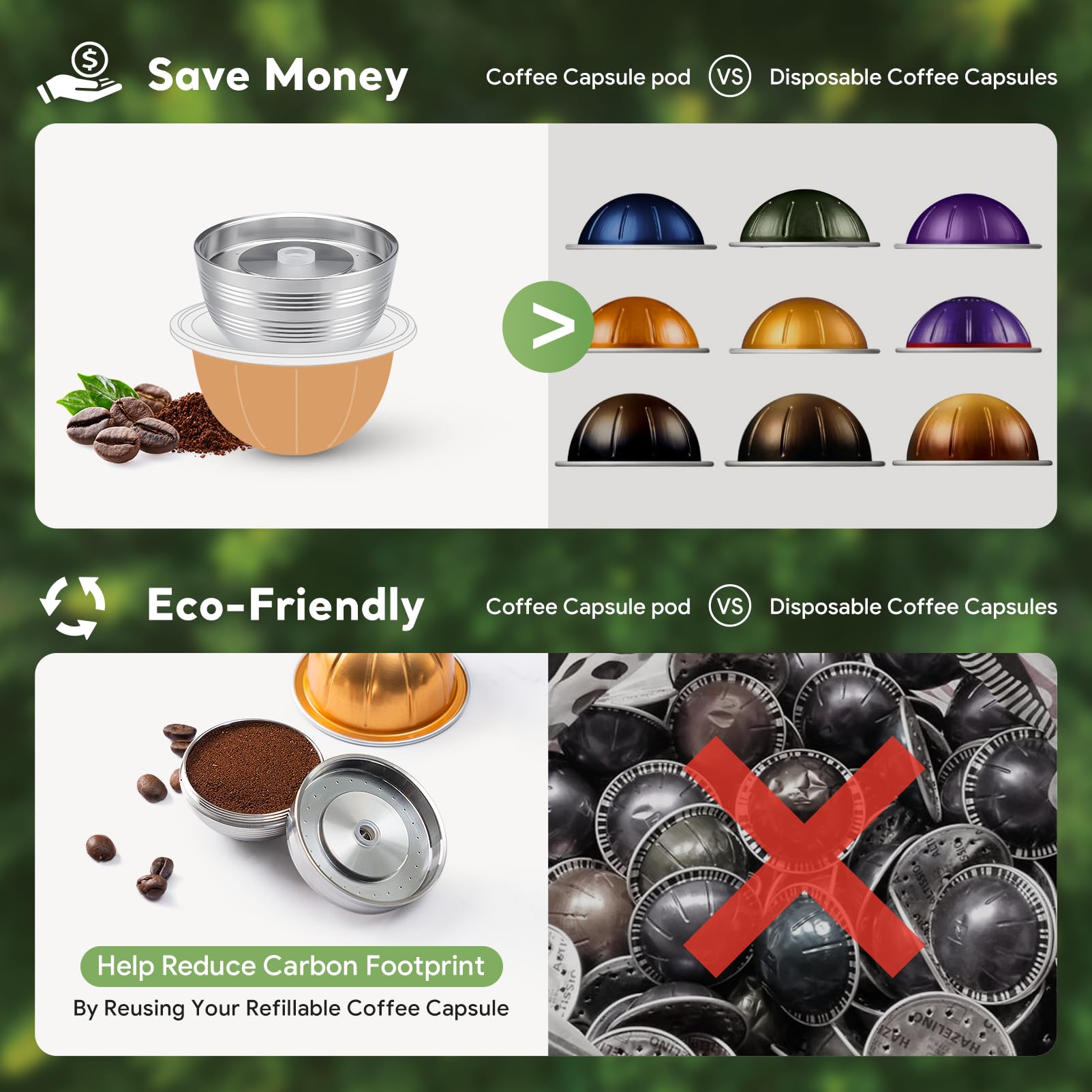 Nespresso Vertuo Pods versión actualizada para cafetera Vertuo Next para hacer café crema de 230 ml, cápsulas reutilizables de acero inoxidable para Vertuo Next, 2 cápsulas 1 manipulador