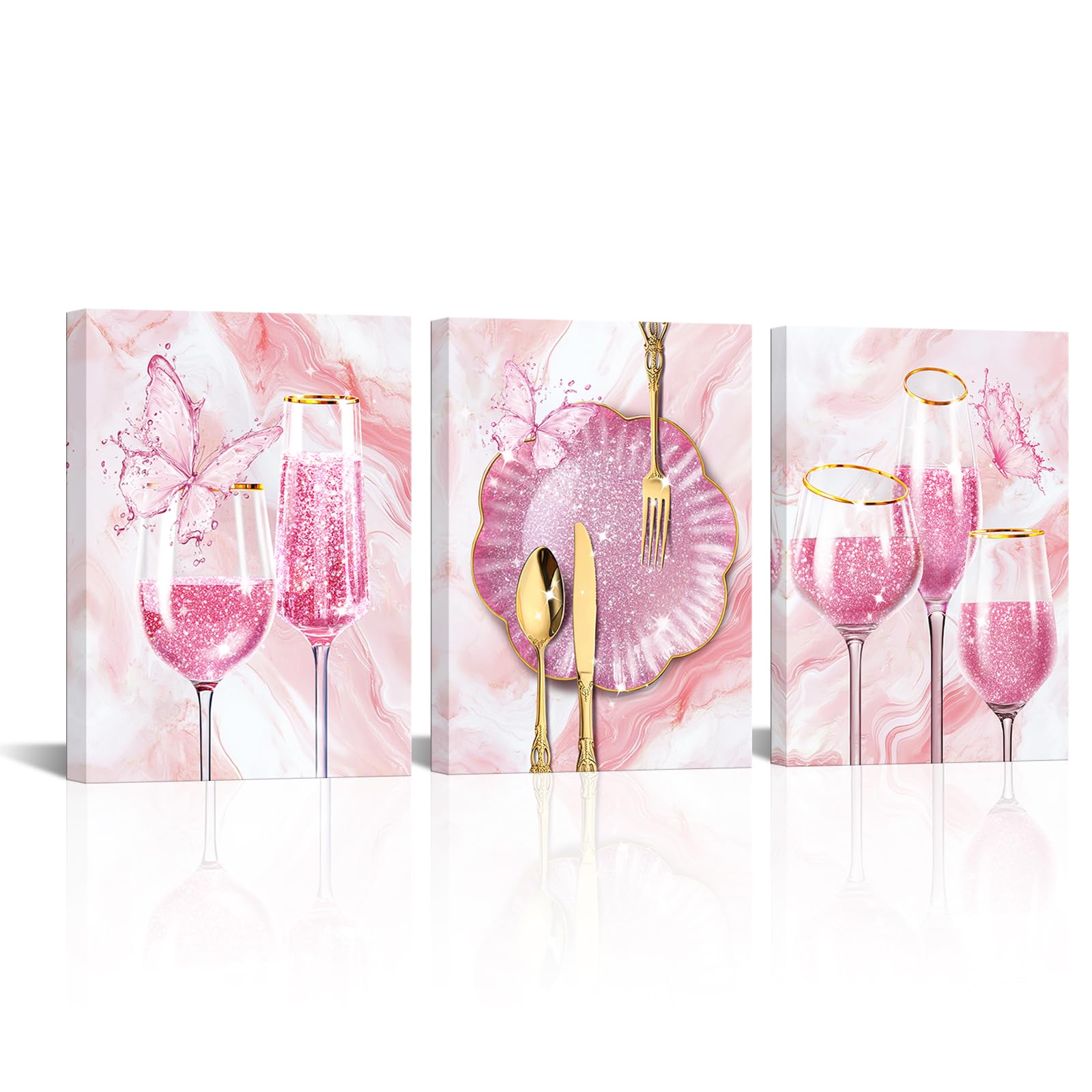 Photo 1 of sechars 3 Pieces Pink and Gold Wine Glass Canvas Prints