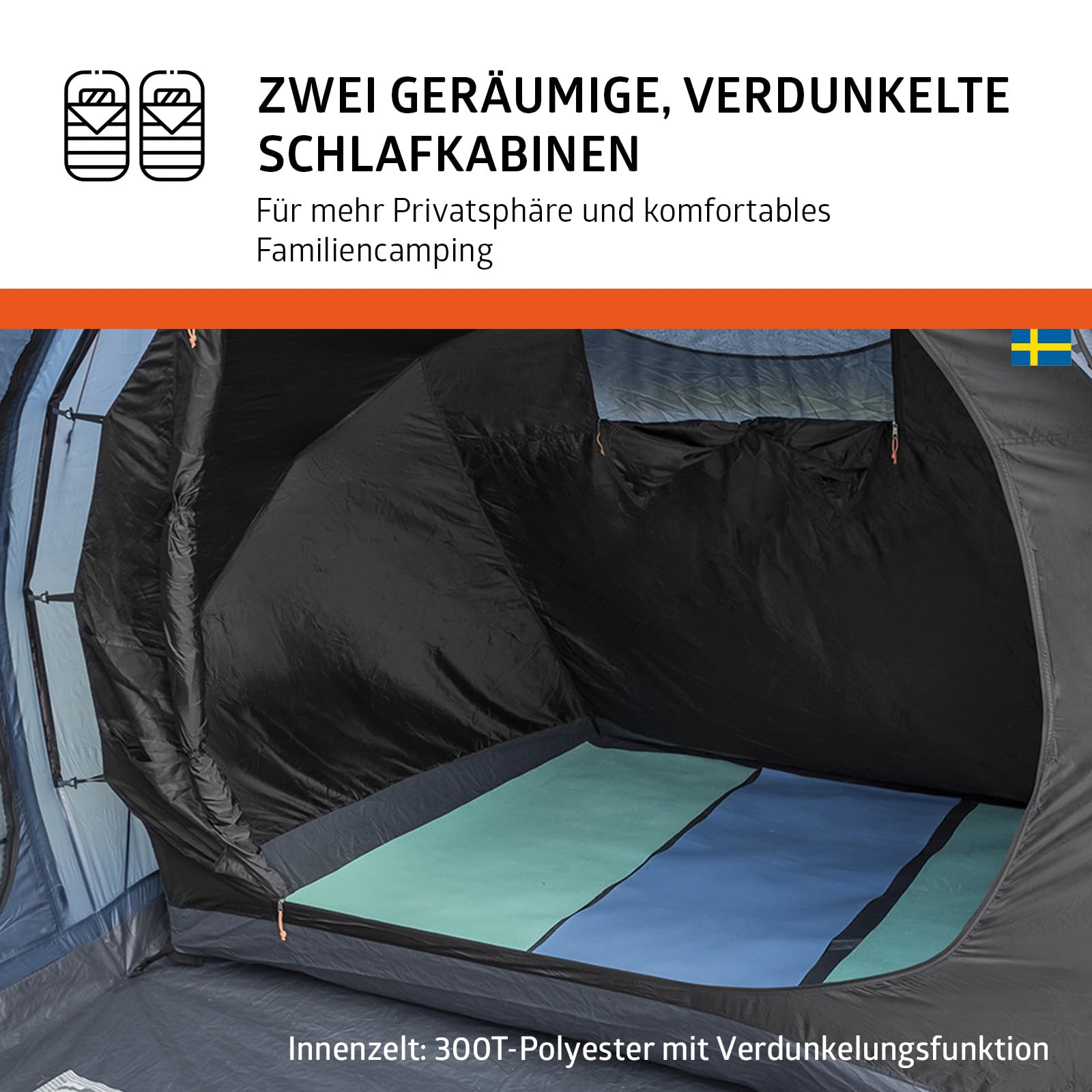 Campout 6-Personen Vis-à-Vis Kuppelzelt – 2 Schlafkabinen – 5000 mm Wassersäule – Wohnbereich – Aufbauzeit 15 Min – inkl. Vordachstangen, Heringen & Tragetasche