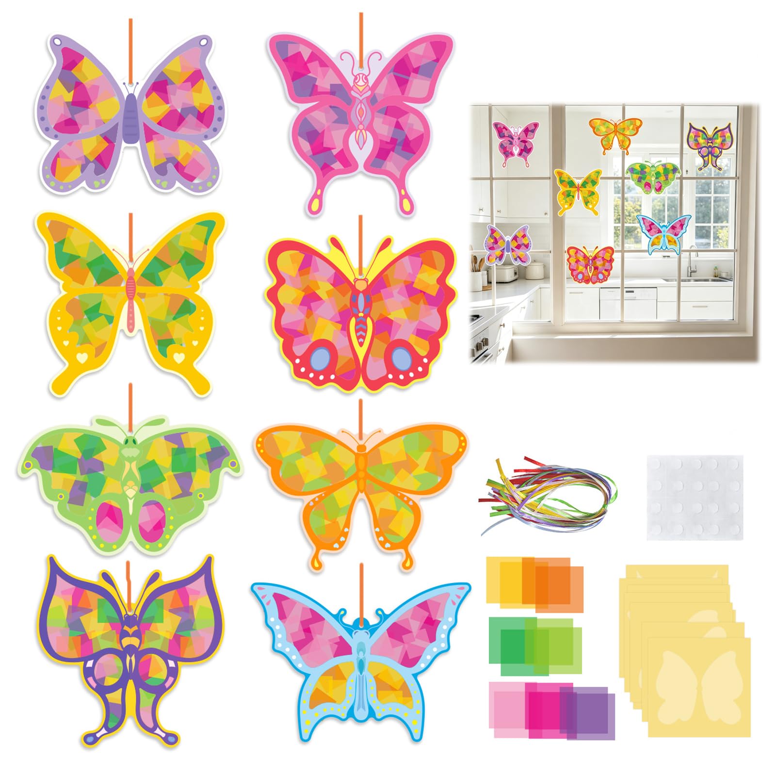 Gemejutor Decoraciones De Ventanas Manualidades Niños Primavera – 24 Mariposas Kit Manualidades DIY Decoraciones Ventanas Papel con Lámina Autoadhesiva, Manualidades Primaverales para Niños Jardín