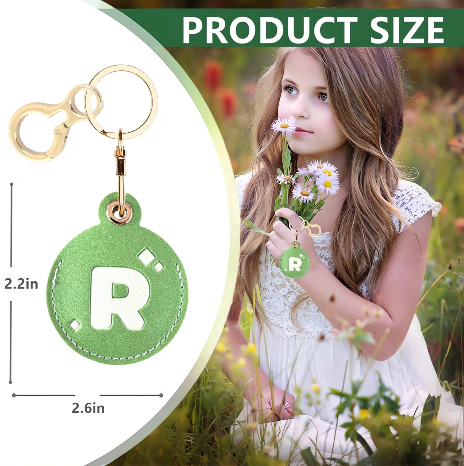 Personalized Initial Letter Leather Keychain Holder Case Compatible with AirTag,Cute Protective Air Tag Cover with Keyring,Anti-Scratch Finder GPS Tracker Case for Pets Keys Wallet(R) - Image 2