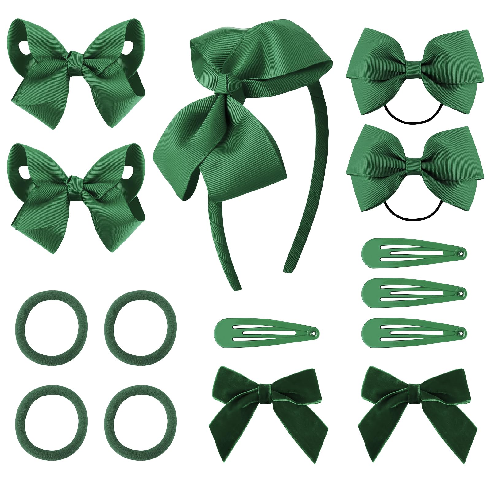 DRESHOW Girls School Hair Accessories Kit - Green Bow Hair Clips, Headband, Ribbon Bows, Barrettes, Ponytail Holder for Little Girls, Toddlers, Teens - Birthday Present