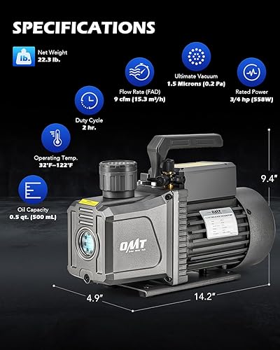 Miniatura 3 de Orion Motor Tech Bomba de vacío de 2 etapas, bomba de vacío de paletas rotativas HVAC de 9 cfm 34 hp con vacío definitivo de 1.5 micrones, bomba de