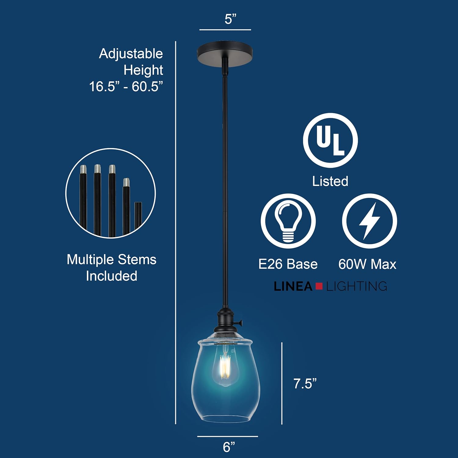 Linea di Liara Arenza Matte Black Pendant Light Fixture Farmhouse Pendant Lighting for Kitchen Island Over The Sink Kitchen Lighting with Clear Glass Pendant Shade, UL Listed