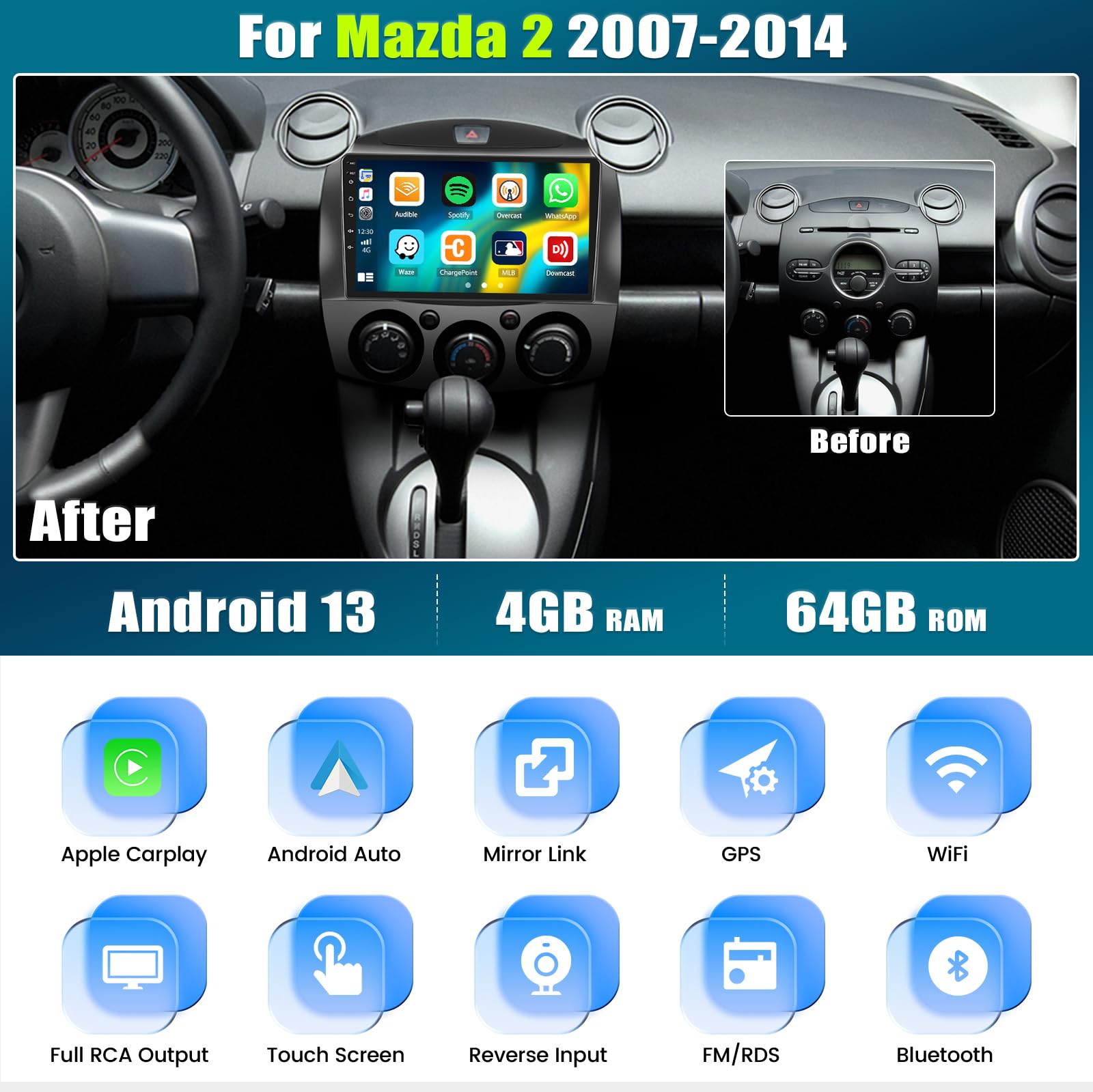 2 64G] Android 13 Autoradio für Mazda 2 2007-2014 mit Wireless Carplay