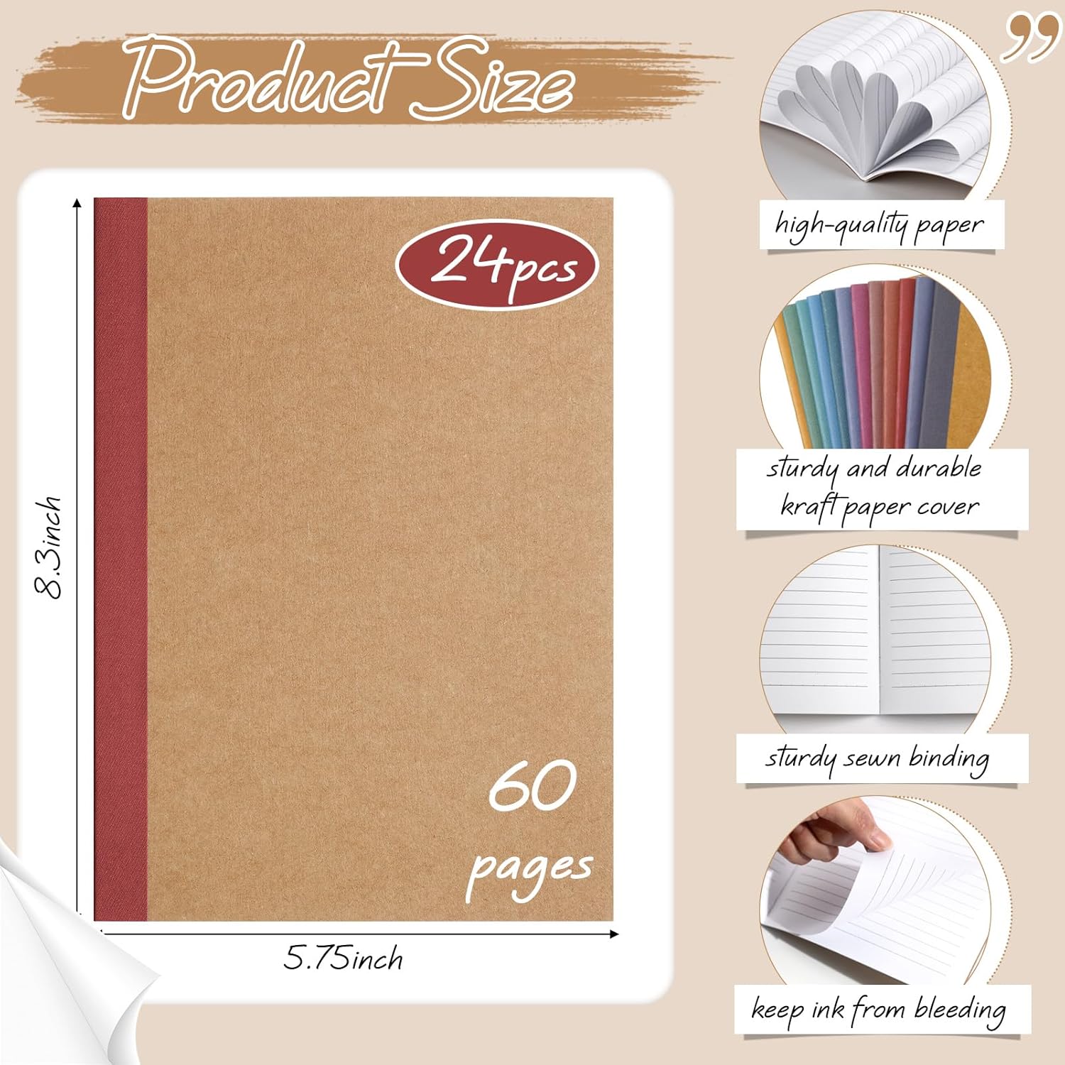 Harloon A5 Composition Notebook Journals 8 x 5.75 in College Ruled Kraft Notebooks with Rainbow Spines Small Lined Composition Book for Office Home(Soft Color,24 Pcs)