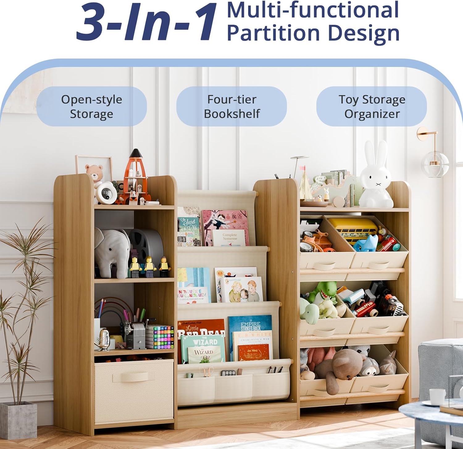 Kids Toy Book Storage Organizer - Large Bookshelf with 7 Removable Bins, Baby Bookshelf and Toy Storage, 4-Tier Book Shelf for Kids Room, Playroom, Classroom, 51 inch, Burlywood - Image 3