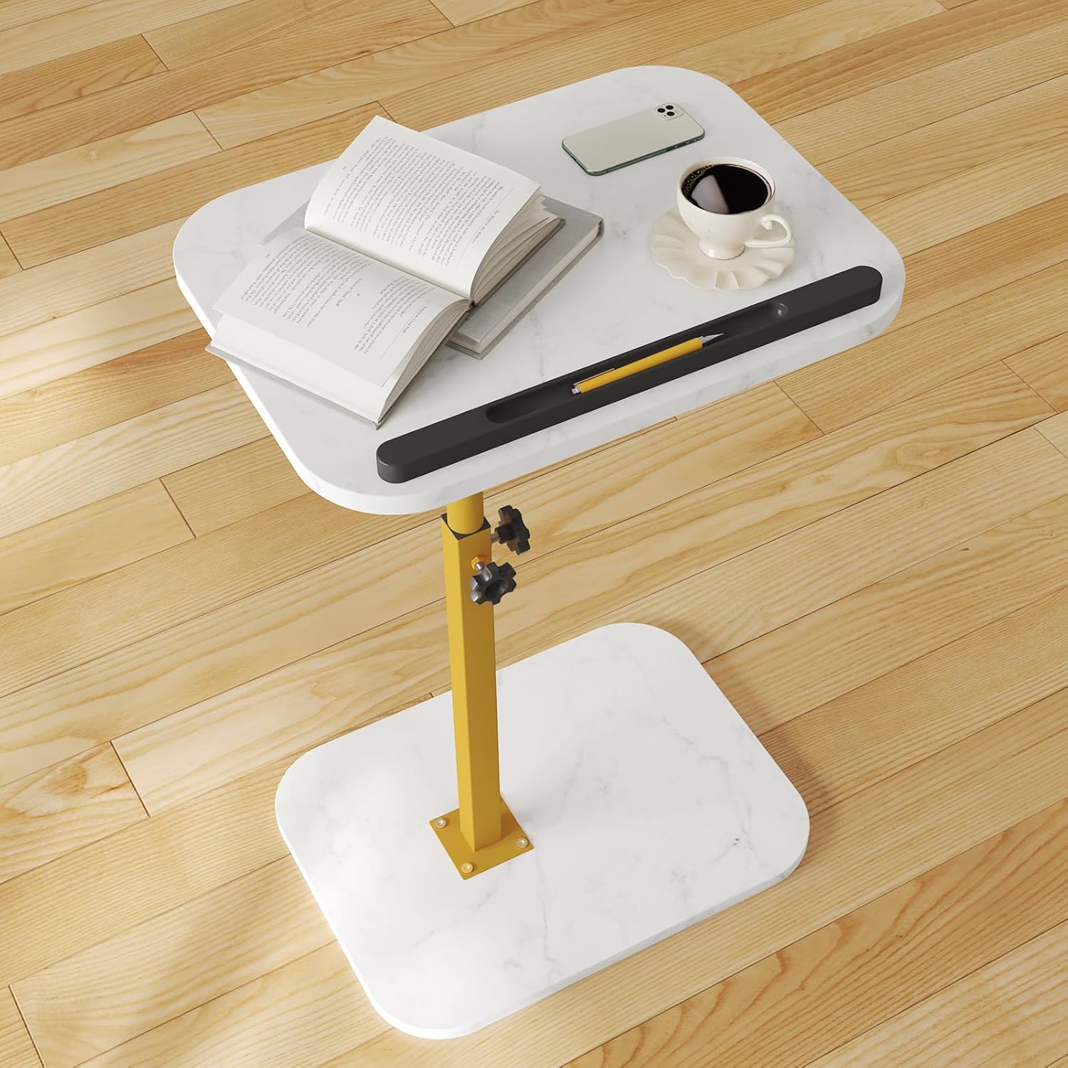Side Table Sofa Tv Tray Height Adjustable C Shaped End Table 360 Swivel Overbed Living Room Couch Table, Marble