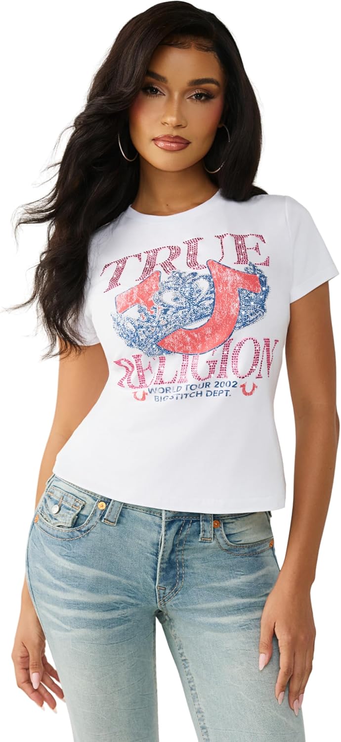 True Religion Women’s Crystal Classic Crew Neck Tee – Slim Fit, Crystal Logos, Casual Glam