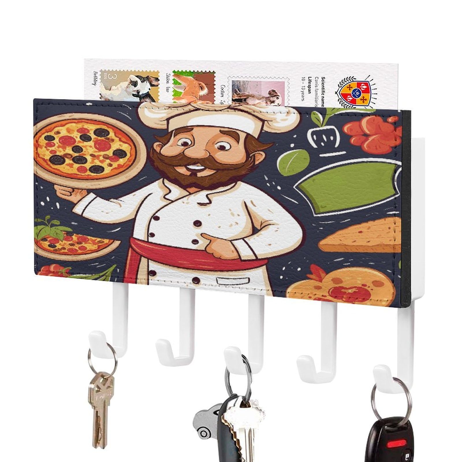 FekiLoot Chef Pizza Key Holder for Wall Decorative Mail Organizer with 5 Key Hook Self Adhesive Key Rack with Tray Coat Rack Wall Mount Key Hanger Decor for Entryway Door
