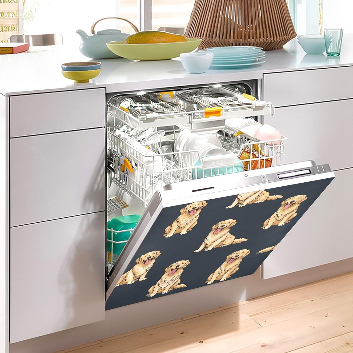 QUGRL Cute Golden Retriever Pattern Dishwasher Magnet Cover Front Door Decorative Refrigerator Covers Magnetic Sheet Sticker Wash Machine Fridge Panel Decal for Kitchen Appliance 23x26 in