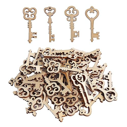 Comidox 40Pcs Wooden Ornament Mixed Key Pattern Scrapbooking Wood Slices