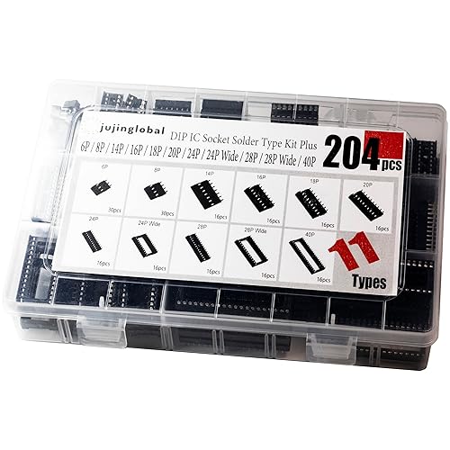 Miniatura 3 de 204pcs 11 Tipos DIP IC Socket Kit 0.100 in 0.1" Paso 6 8 14 16 18 20 24 24 Ancho 28 28 Ancho 40 Pin DIP IC Socket Soldadura Tipo Adaptor Kits Surtido