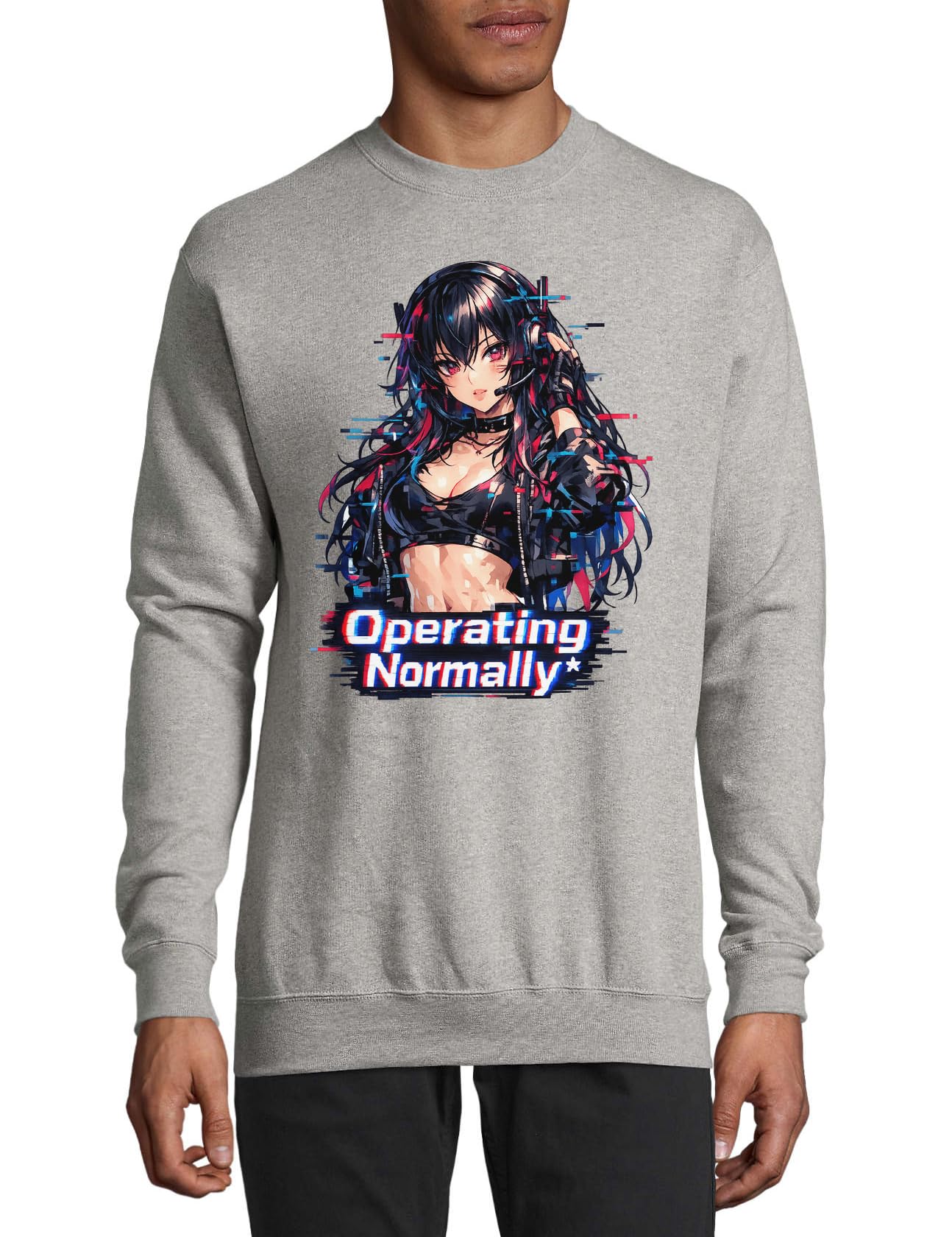 Futuristisches Mädchen mit Kommunikations-Headset, Baumwollpullover, Sweatshirt, Pullover, Pullover, Grau