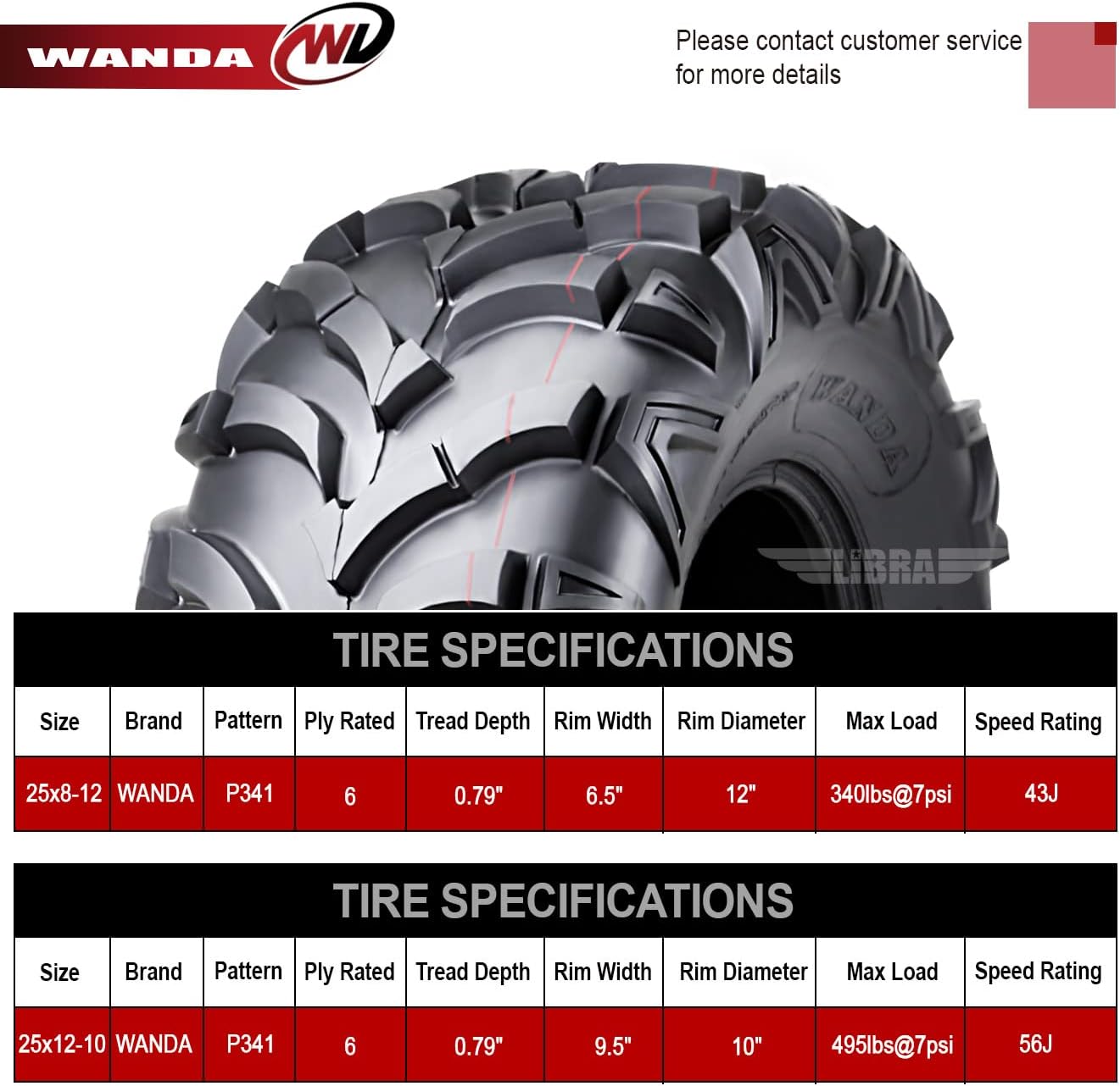 WANDA Set of 4 ATV tires 25x8-12 & 25x12-10 for 90-93 Polaris Trail Boss 350L 4x4