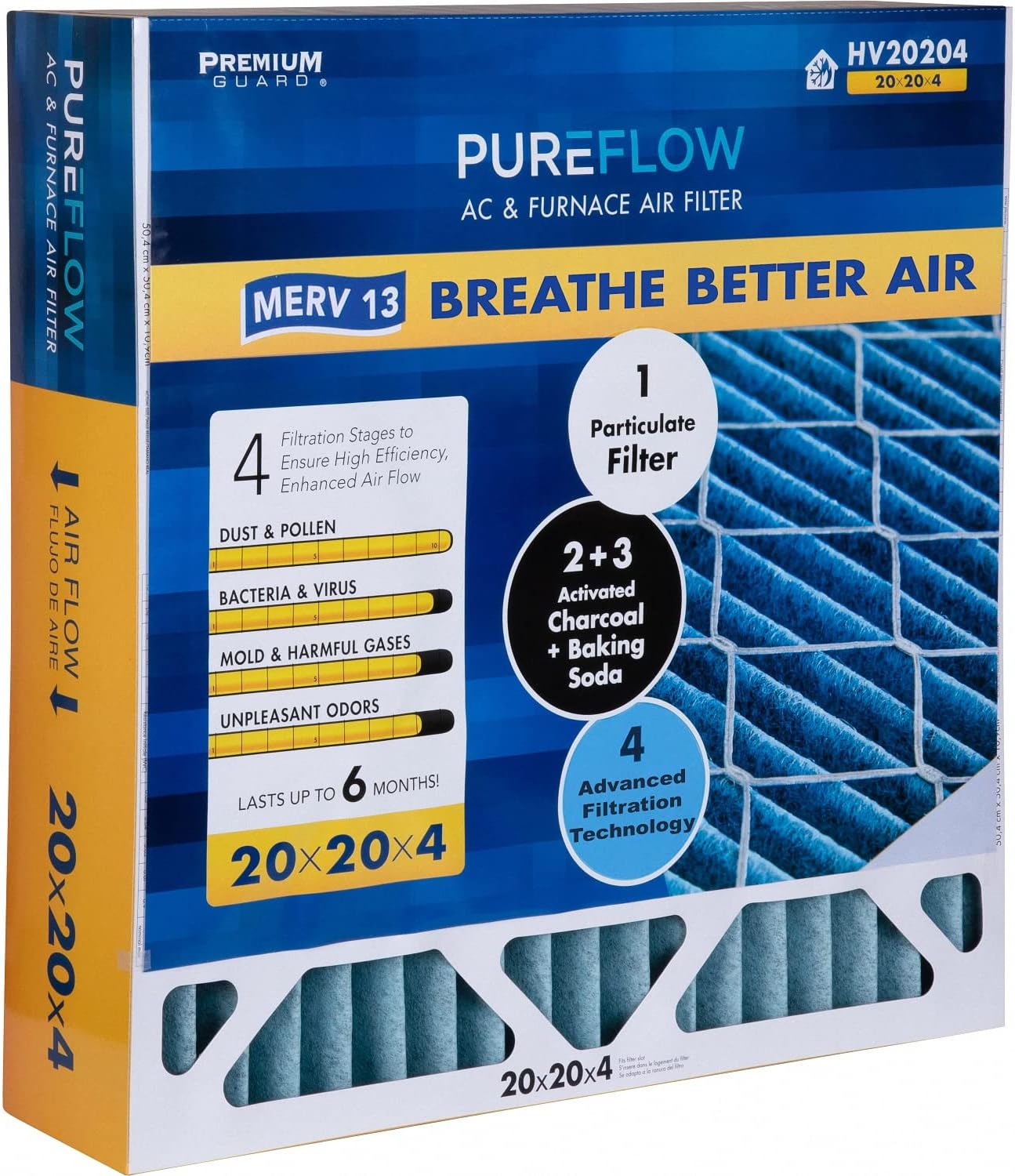 PUREFLOW Odor Control Home Air Filter MERV 13, 20x20x4 Furnace Filter, 4 Layer High Efficiency Filtration for Dust, Smoke, Fumes, Pollutants